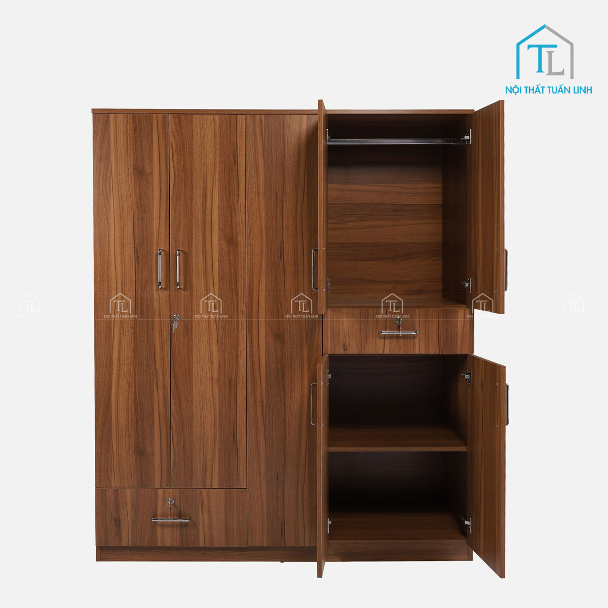 Tủ quần áo 5 cánh gỗ MDF vânn gỗ óc chó hiện đại