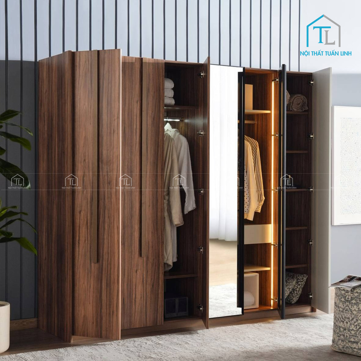 Tủ quần áo 6 cánh gỗ công nghiệp màu be phối vân gỗ walnut hiện đại