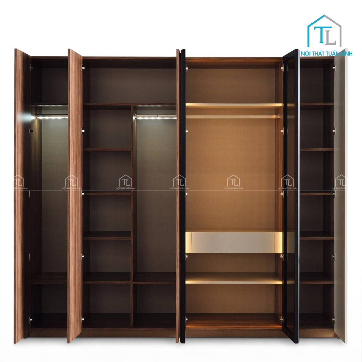 Tủ quần áo 6 cánh gỗ công nghiệp màu be phối vân gỗ walnut hiện đại