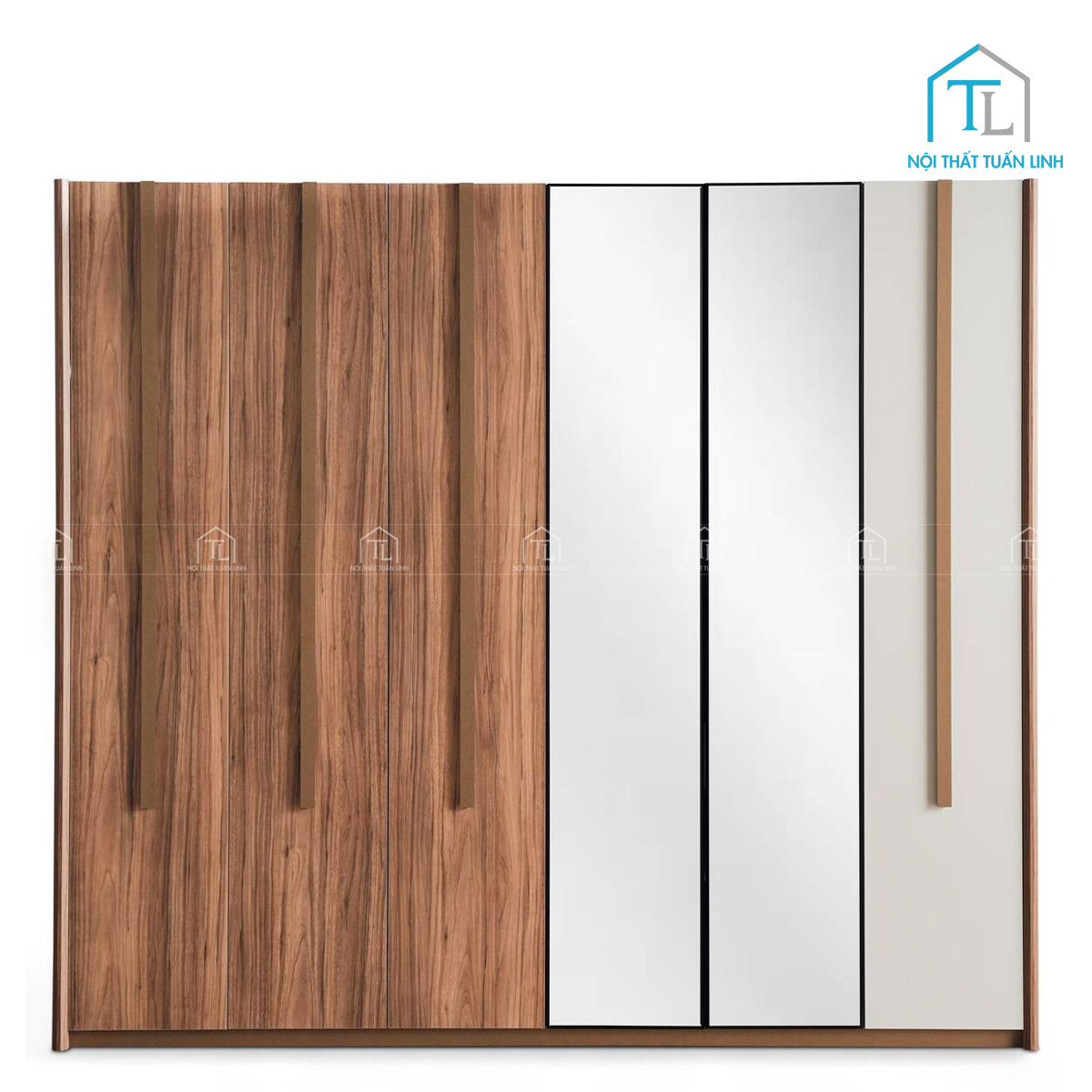 Tủ quần áo 6 cánh gỗ công nghiệp màu be phối vân gỗ walnut hiện đại