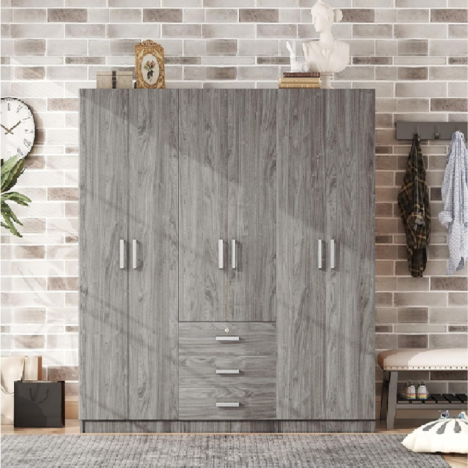 Tủ quần áo 6 cánh gỗ MDF màu xám thiết kế hiện đại nhiều ngăn lưu trữ