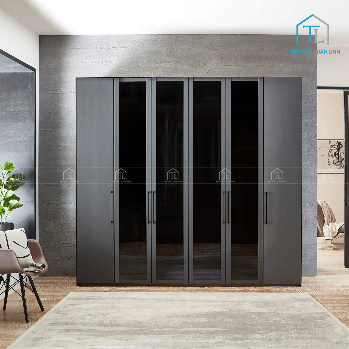 Tủ quần áo 6 cánh kính gỗ MDF màu đen phong cách hiện đại