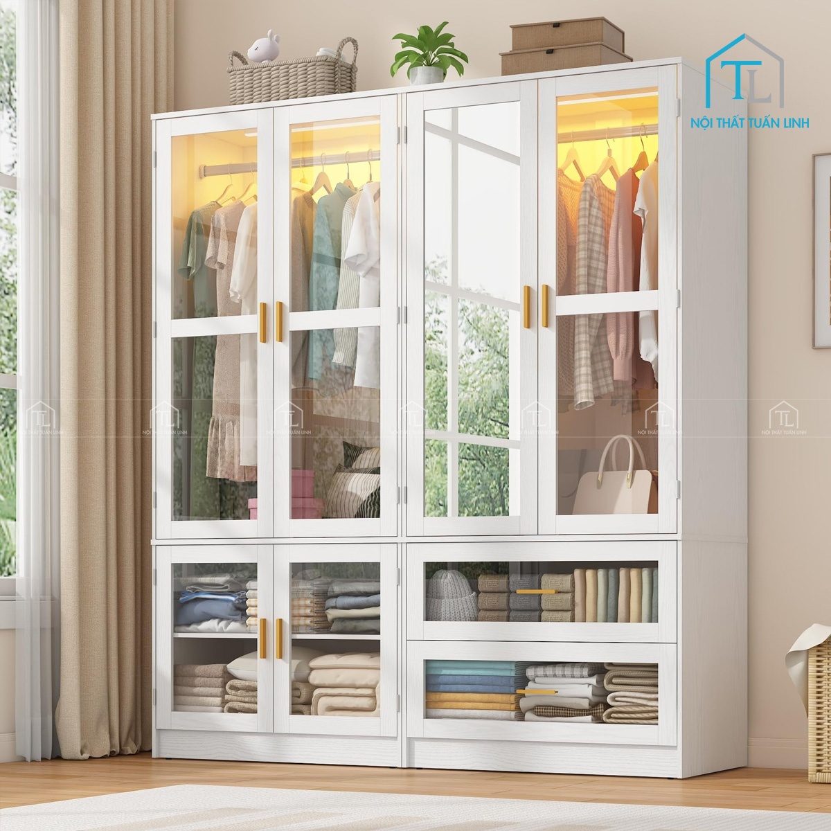 Tủ quần áo cánh kính 4 cánh tích hợp đèn LED