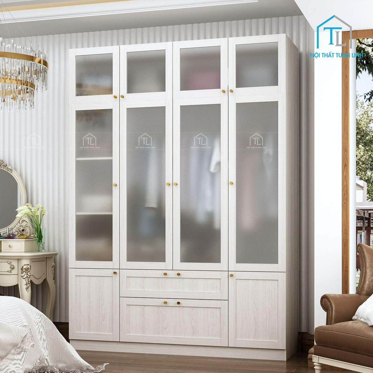 Tủ quần áo cánh kính 4 cánh màu trắng gỗ MDF vân gỗ hiện đại giá tốt
