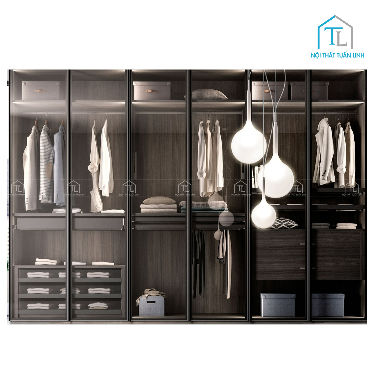 Tủ quần áo cánh kính 6 cánh gỗ MDF thiết kế vân gỗ tích hợp đèn LED hiện đại