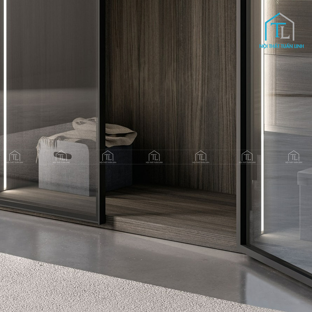 Tủ quần áo cánh kính 6 cánh gỗ MDF thiết kế vân gỗ tích hợp đèn LED hiện đại
