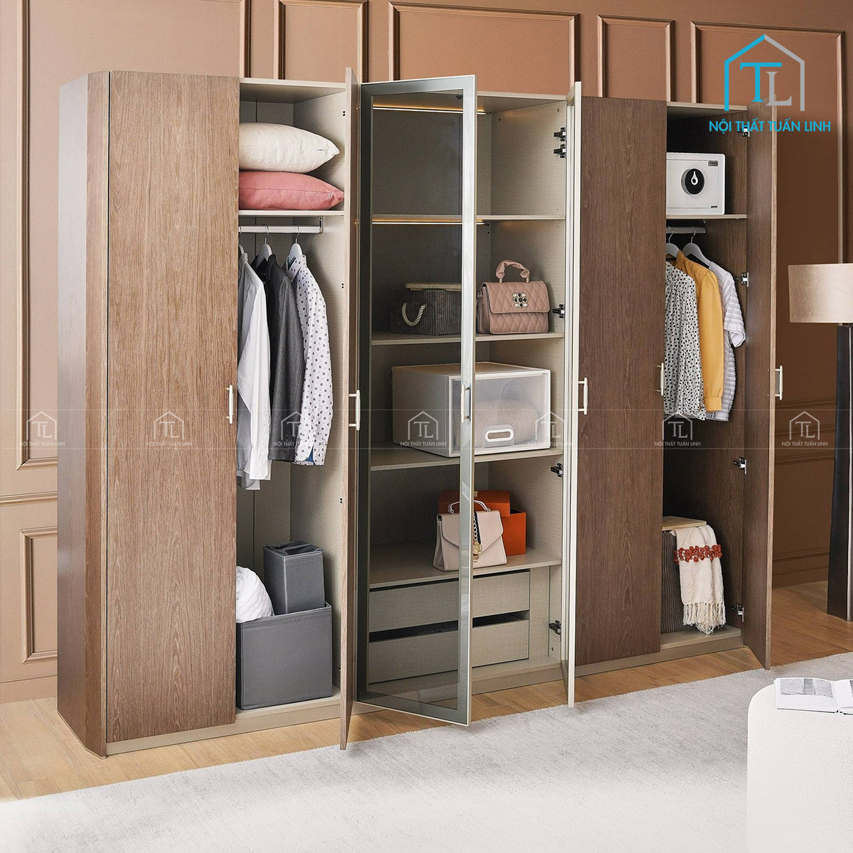Tủ quần áo cánh kính 6 cánh màu xám cao cấp tích hợp đèn LED hiện đại