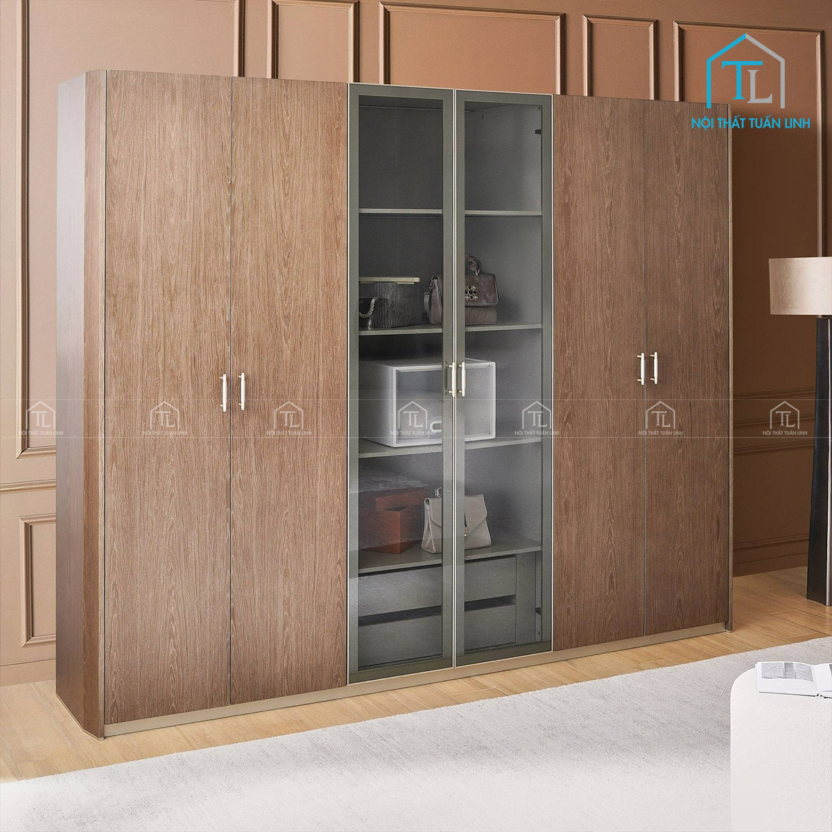 Tủ quần áo cánh kính 6 cánh màu xám cao cấp tích hợp đèn LED hiện đại