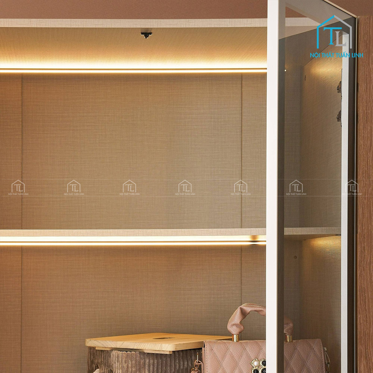 Tủ quần áo cánh kính 6 cánh màu xám cao cấp tích hợp đèn LED hiện đại