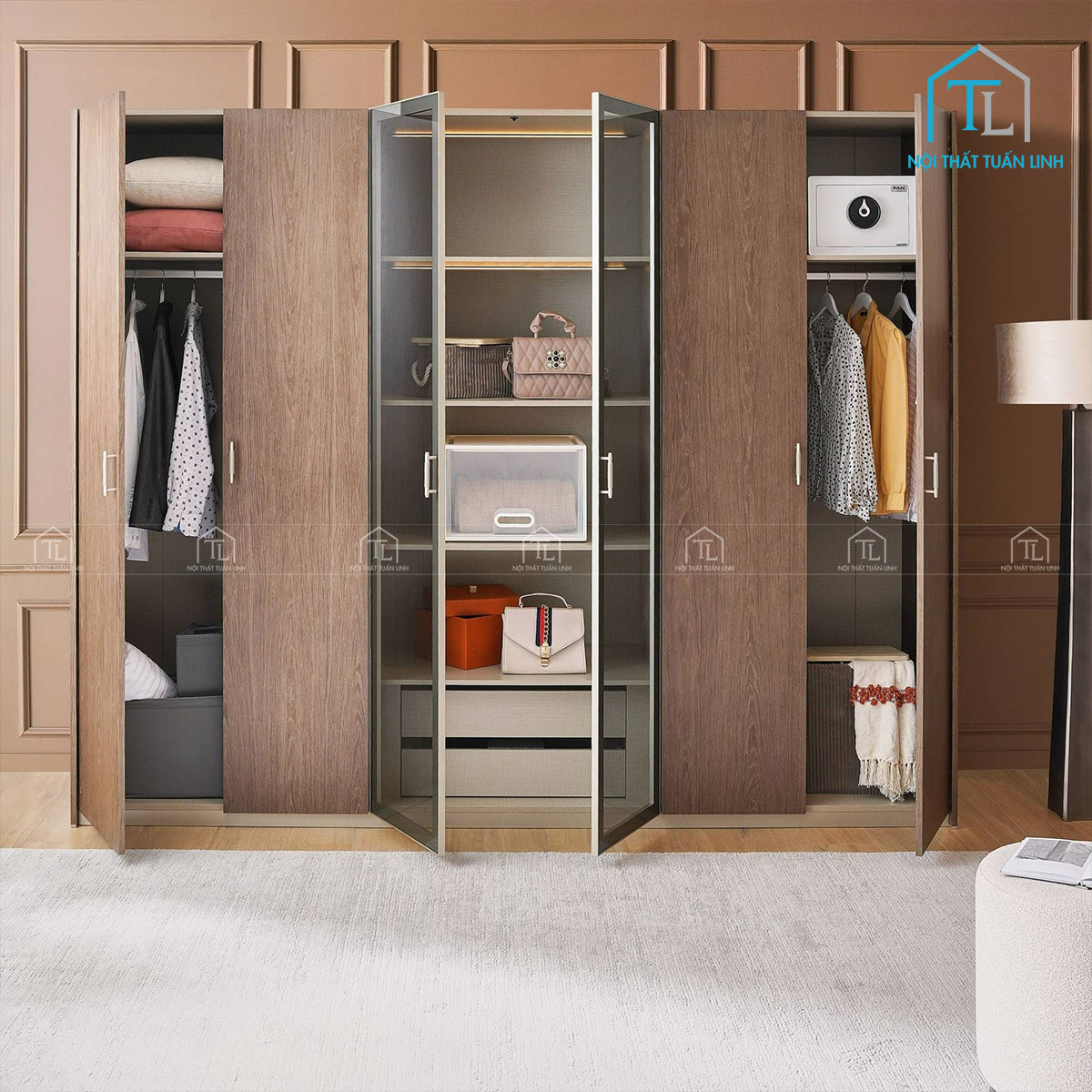 Tủ quần áo cánh kính 6 cánh màu xám cao cấp tích hợp đèn LED hiện đại