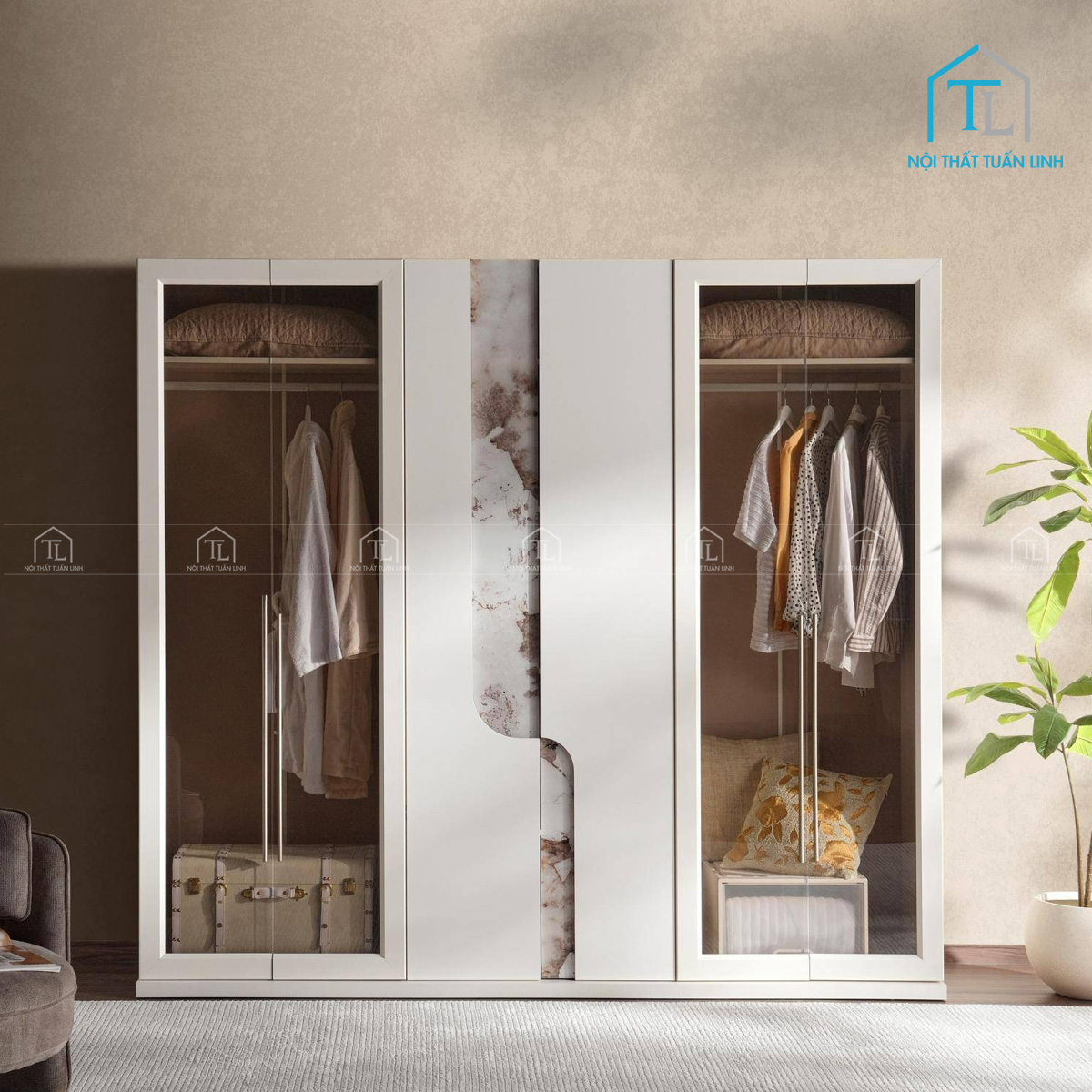 Tủ quần áo cách kính 6 cánh gỗ MDF màu trắng kem