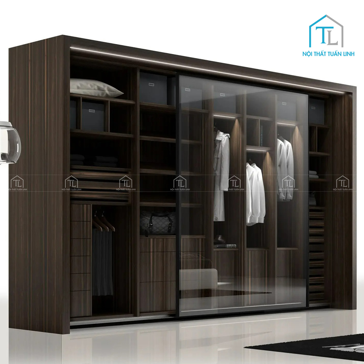 Tủ quần áo cánh kính cửa trượt vân gỗ MDF hiện đại tích hợp đèn LED