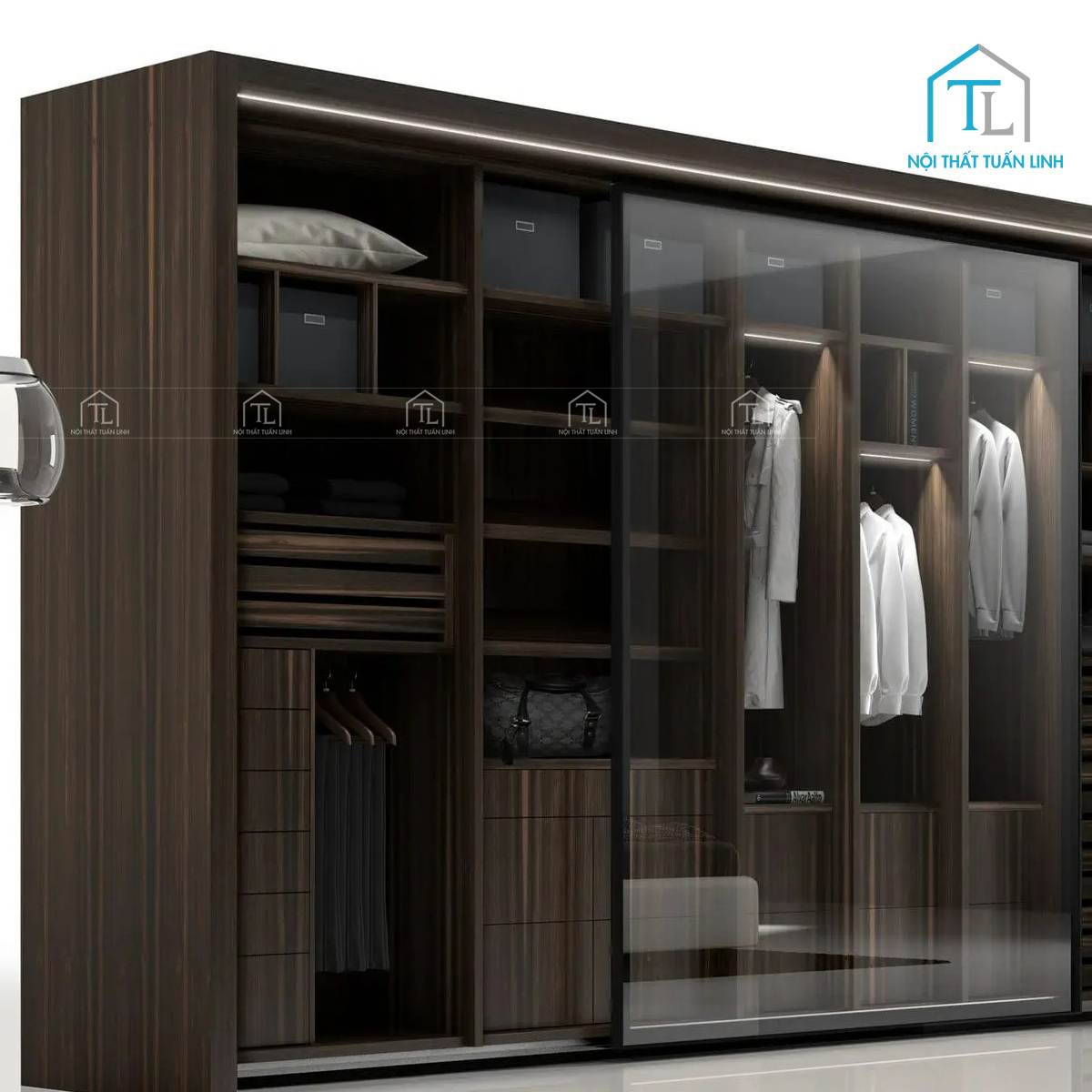 Tủ quần áo cánh kính cửa trượt vân gỗ MDF hiện đại tích hợp đèn LED