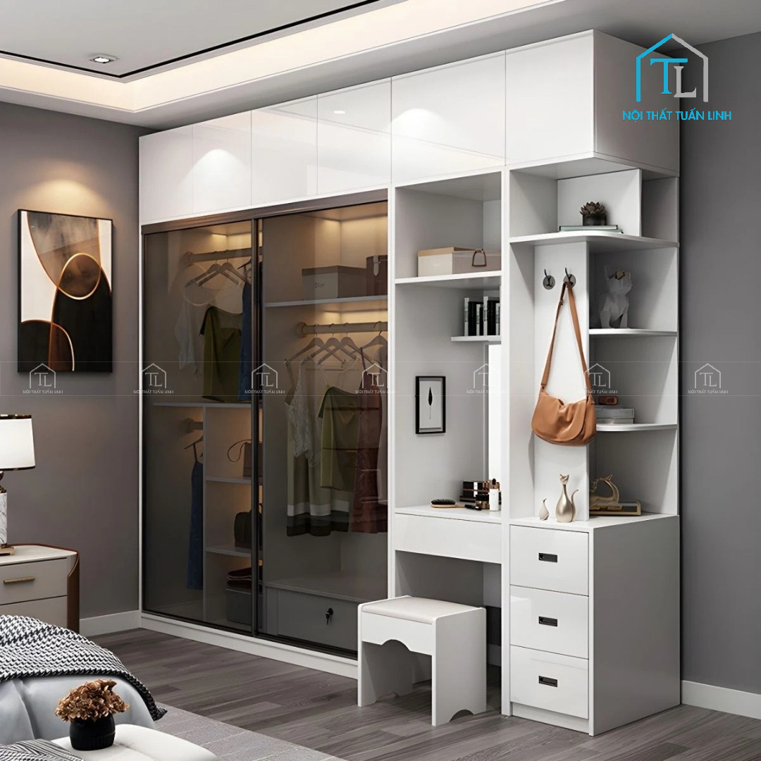 Tủ quần áo cánh kính kết hợp bàn trang điểm màu trắng tiện nghi
