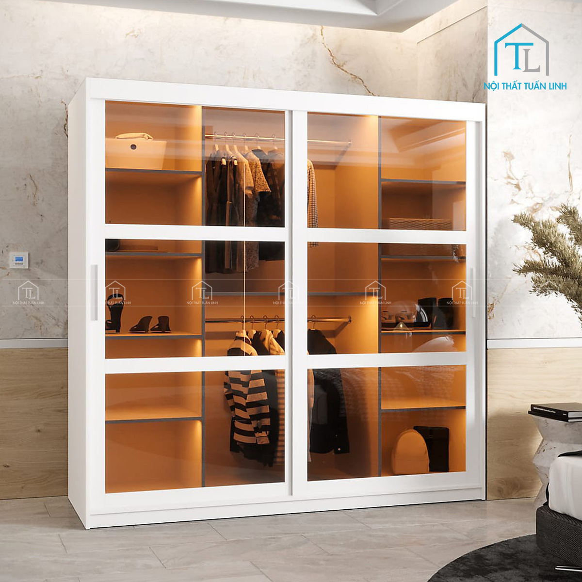 Tủ quần áo cánh kính màu nâu khói cửa lùa