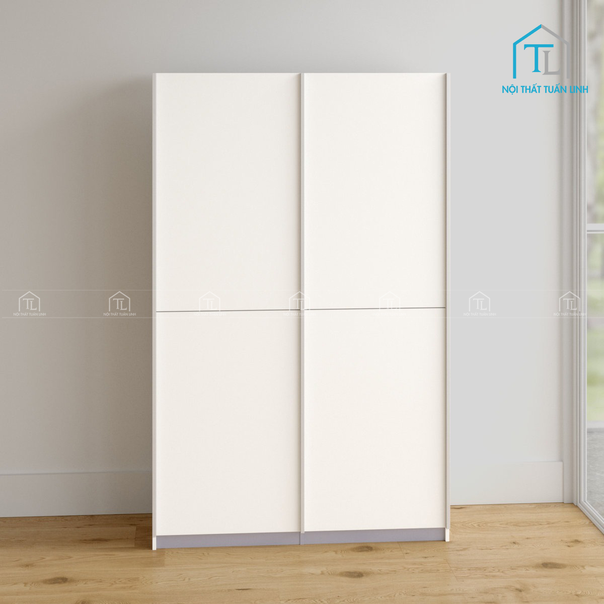 Tủ quần áo cửa lùa 2 cánh gỗ MDF màu trắng gọn gàng, tối ưu không gian
