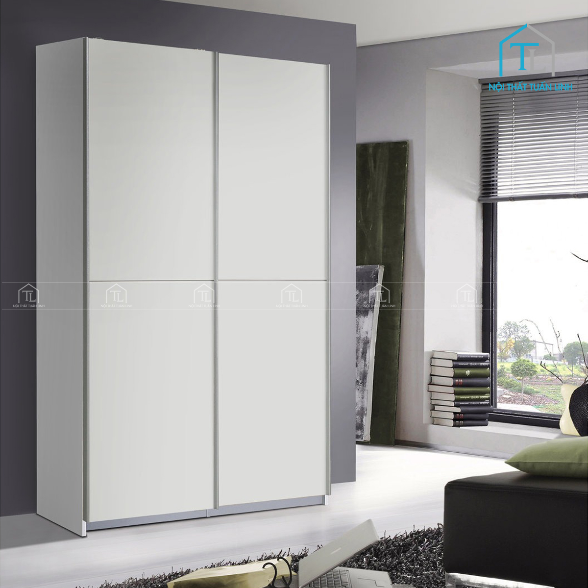Tủ quần áo cửa lùa 2 cánh gỗ MDF màu trắng gọn gàng, tối ưu không gian