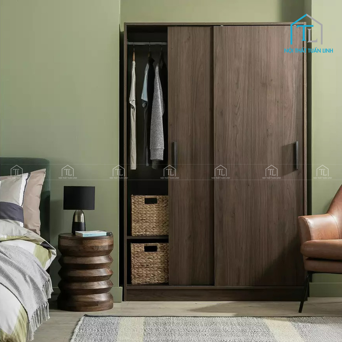 Tủ quần áo cửa lùa 2 cánh gỗ MDF vân gỗ óc chó hiện đại