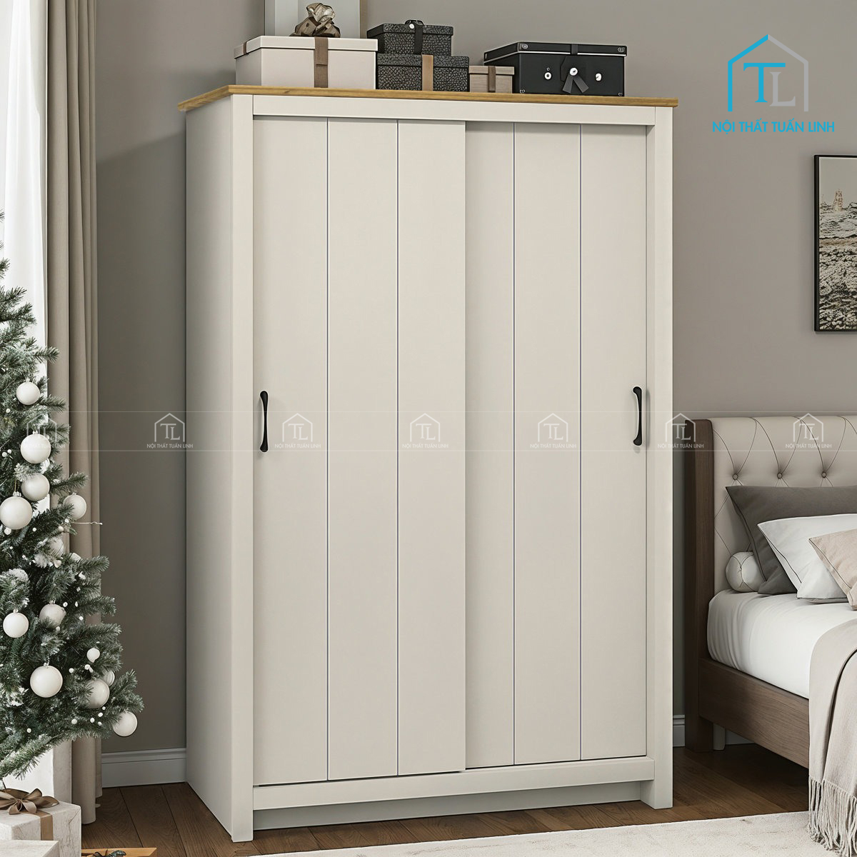 Tủ quần áo cửa lùa 2 cánh màu xám nhạt giá tốt, tiện lợi