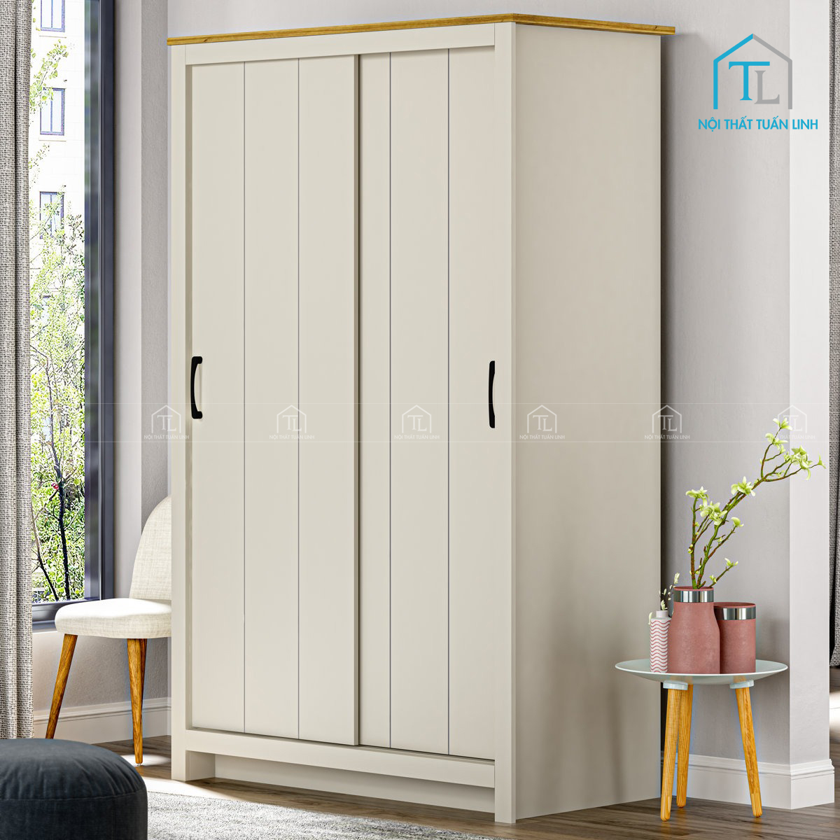 Tủ quần áo cửa lùa 2 cánh màu xám nhạt giá tốt, tiện lợi