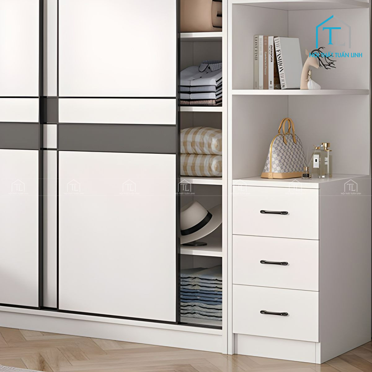 Tủ quần áo cửa lùa gỗ công nghiệp màu trắng thiết kế tối ưu tiện ích