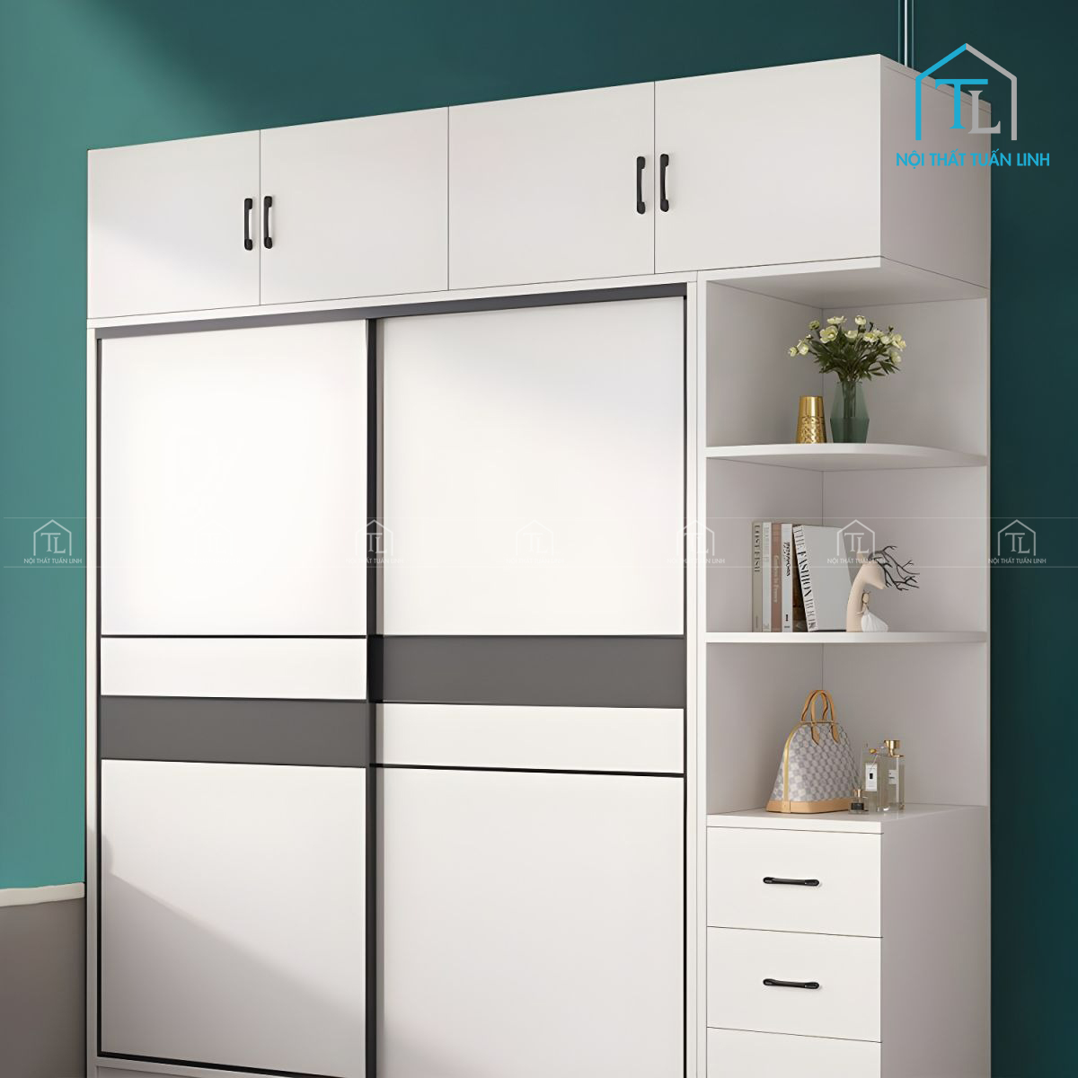 Tủ quần áo cửa lùa gỗ công nghiệp màu trắng thiết kế tối ưu tiện ích