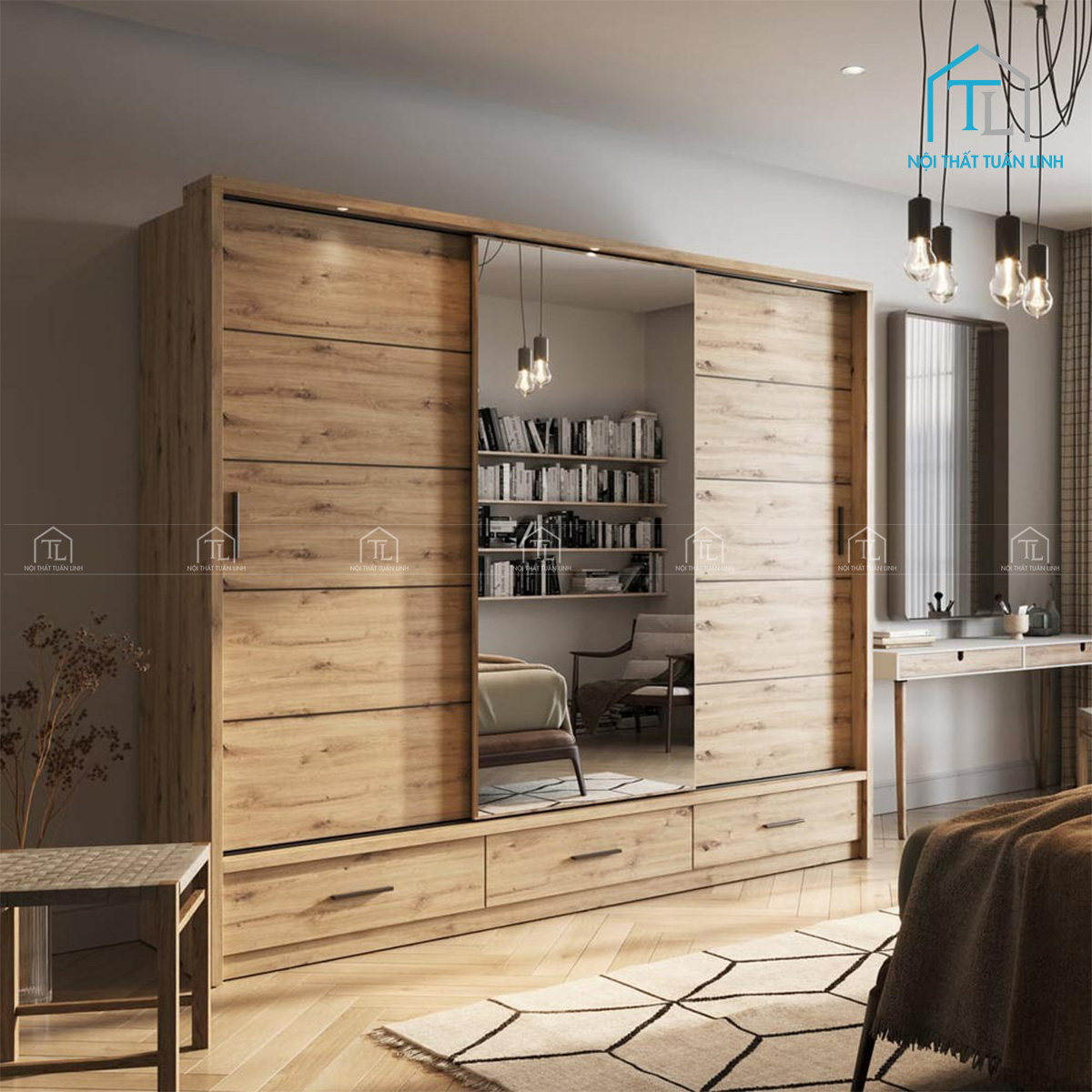 Tủ quần áo cửa lùa gỗ công nghiệp vân gỗ sồi có gương hiện đại (220 x 240 cm)