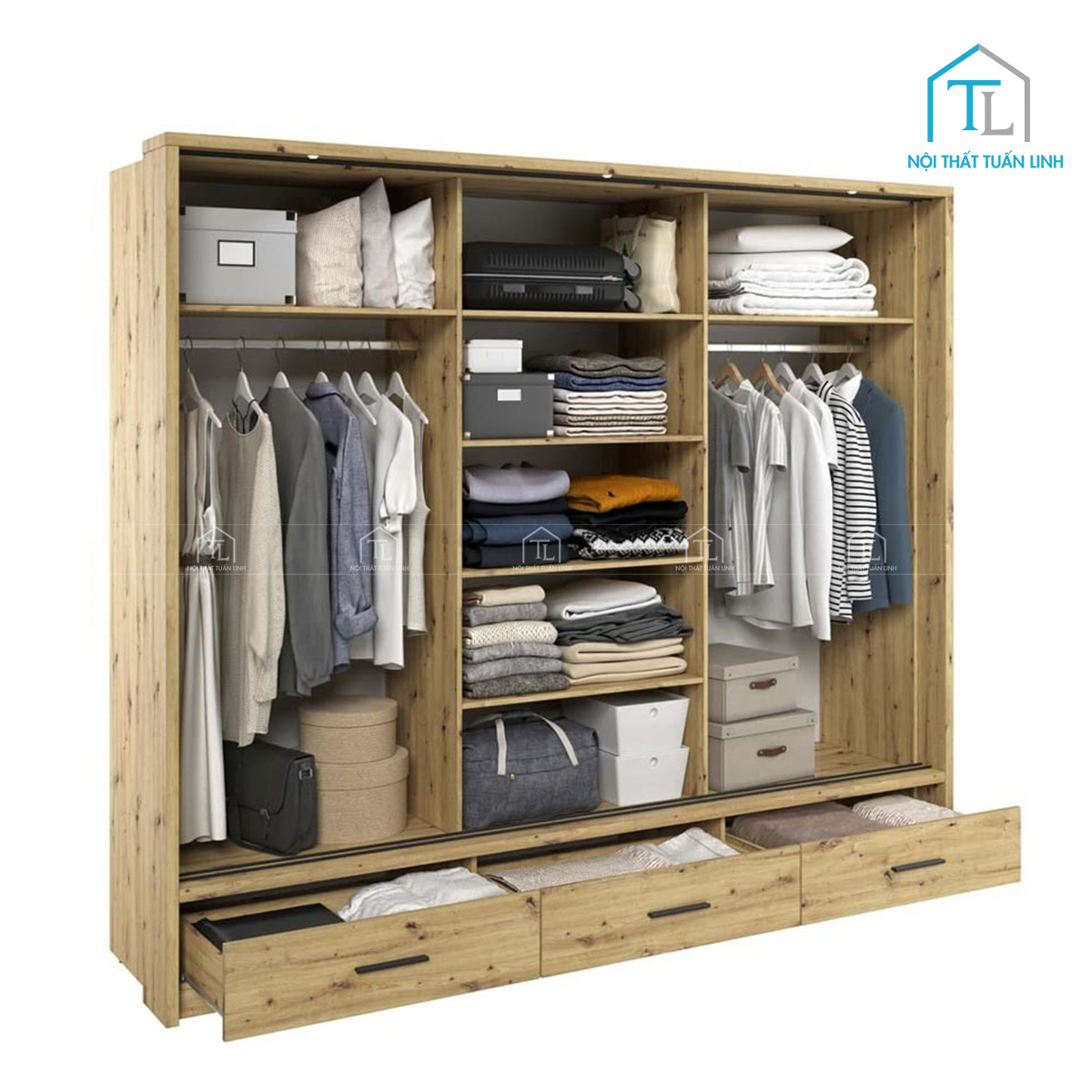 Tủ quần áo cửa lùa gỗ công nghiệp vân gỗ sồi có gương hiện đại (220 x 240 cm)