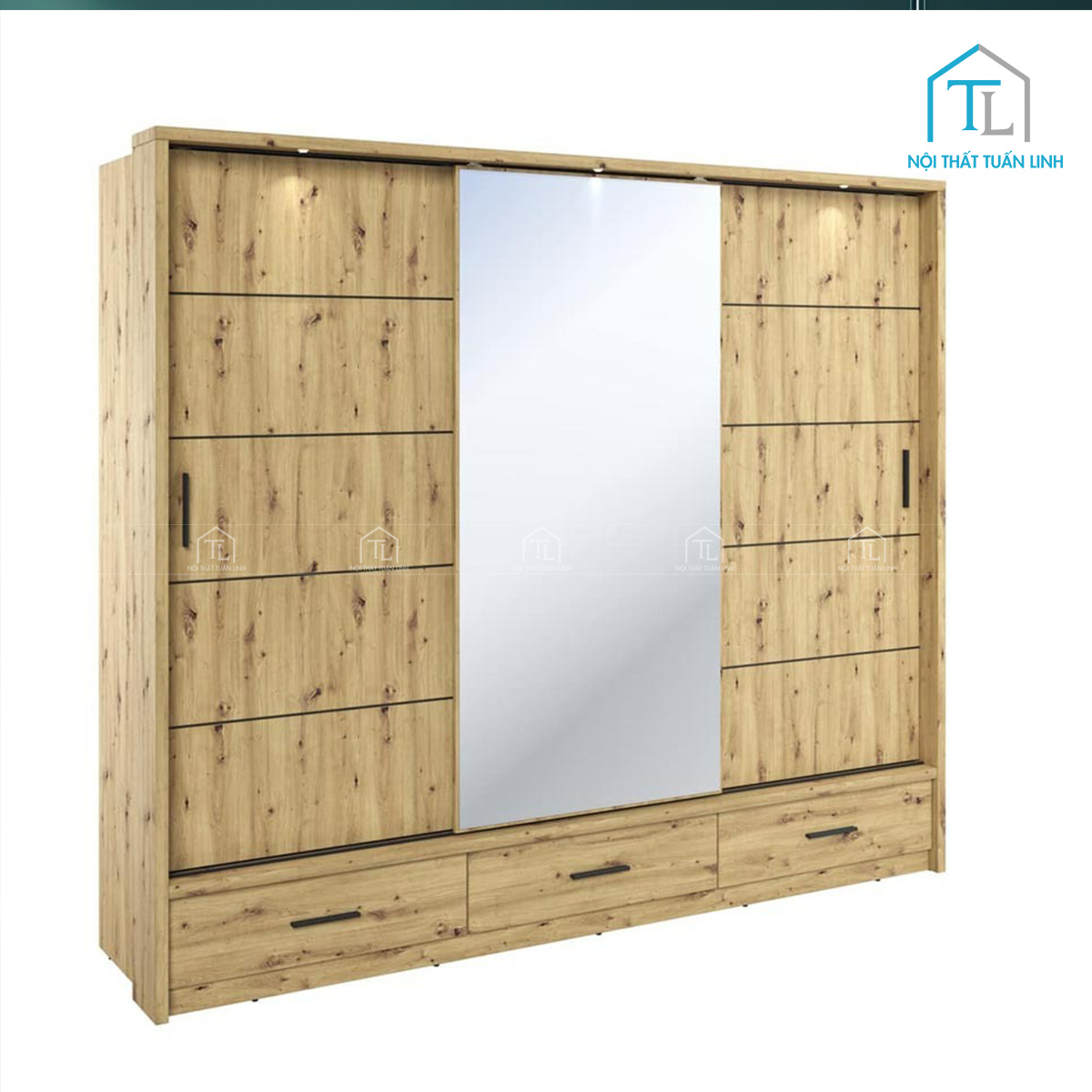 Tủ quần áo cửa lùa gỗ công nghiệp vân gỗ sồi có gương hiện đại (220 x 240 cm)