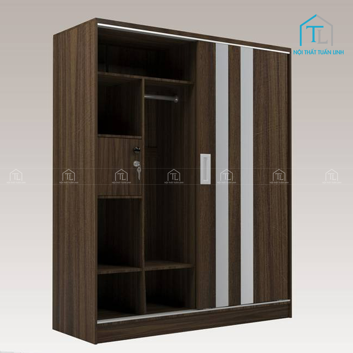 Tủ quần áo cửa lùa gỗ MDF màu óc chó thiết kế hiện đại 2 cánh