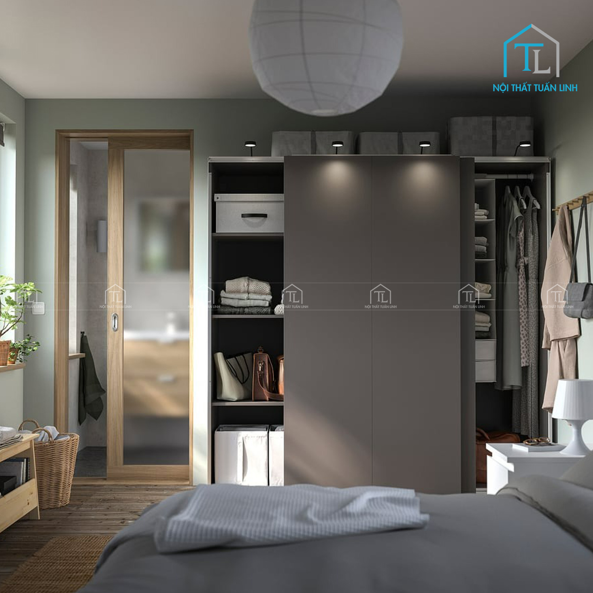 Tủ quần áo cửa lùa gỗ MDF màu xám đậm 2 cánh