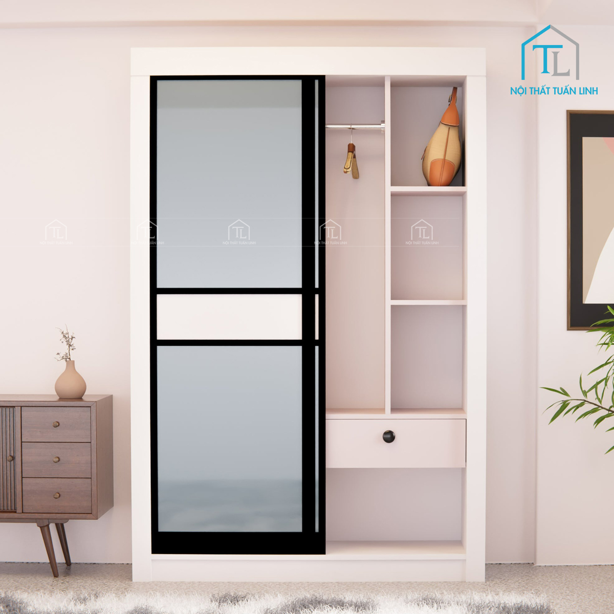 Tủ quần áo cửa lùa gỗ MDF gam màu trắng, tối ưu không gian phòng ngủ