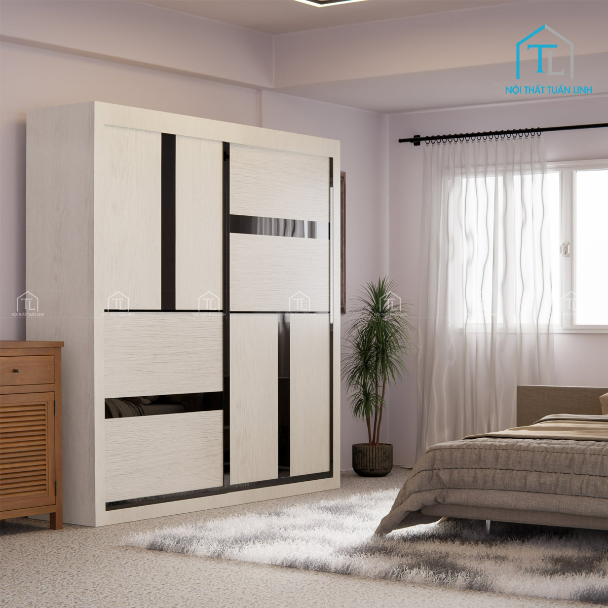 Tủ quần áo cửa lùa gỗ MDF thiết kế hiện đại vân gỗ