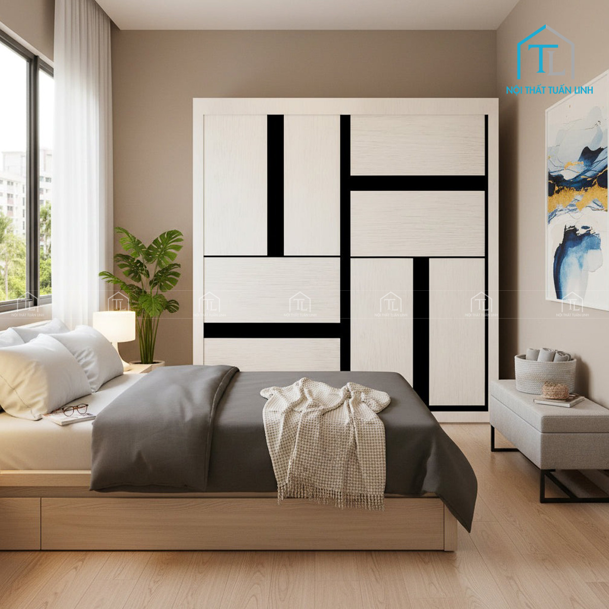 Tủ quần áo cửa lùa gỗ MDF thiết kế hiện đại vân gỗ