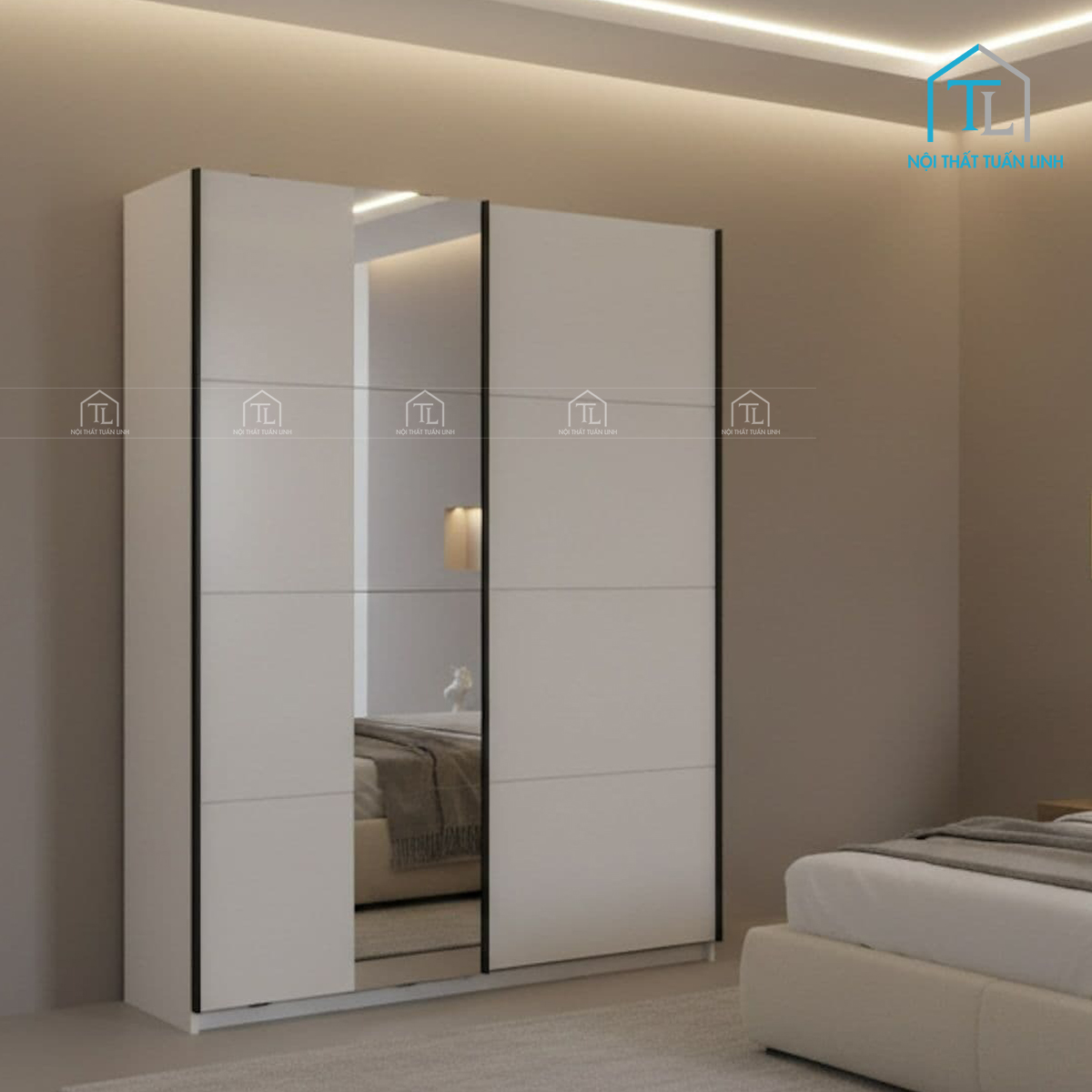 Tủ quần áo cửa lùa gương gỗ MDF màu trắng hiện đại 2 cánh