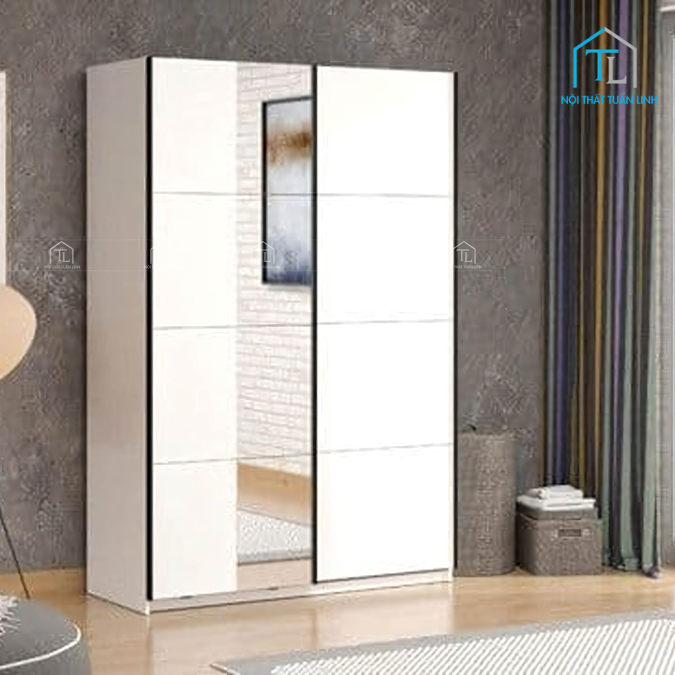 Tủ quần áo cửa lùa gương gỗ MDF màu trắng hiện đại 2 cánh