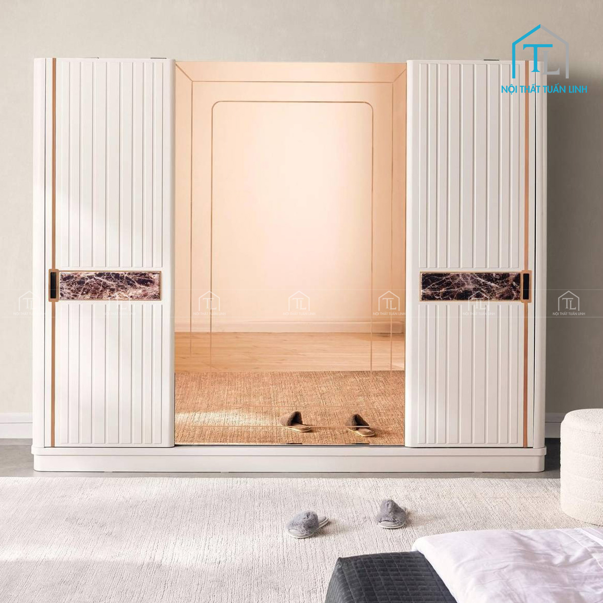 Tủ quần áo cửa lùa gương màu kem gỗ MDF thiết kế hiện đại