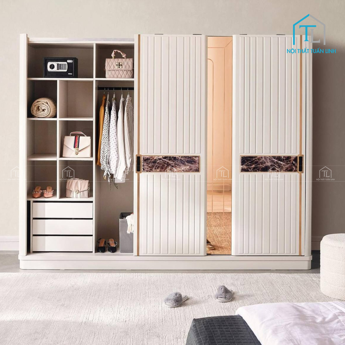 Tủ quần áo cửa lùa gương màu kem gỗ MDF thiết kế hiện đại