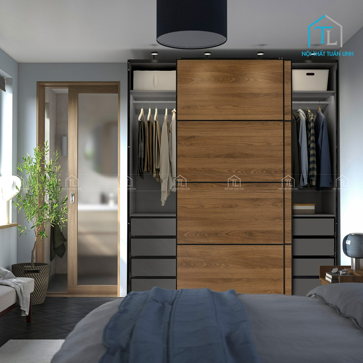 Tủ quần áo cửa lùa vân gỗ óc chó hai cánh gỗ MDF hiện đại