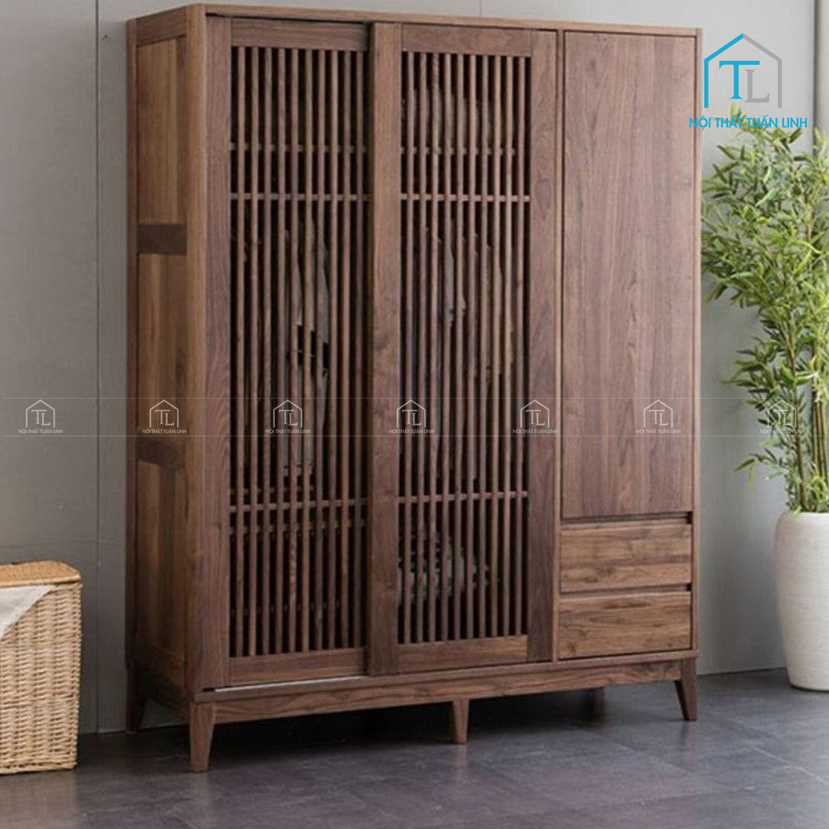 Tủ quần áo cửa lùa gỗ óc chó tự nhiên cao cấp