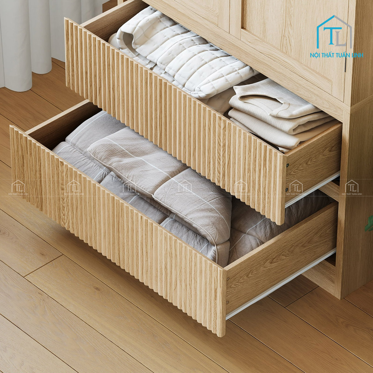 Tủ quần áo đứng MDF 2 cánh có ngăn kéo, thanh treo & kệ lưu trữ