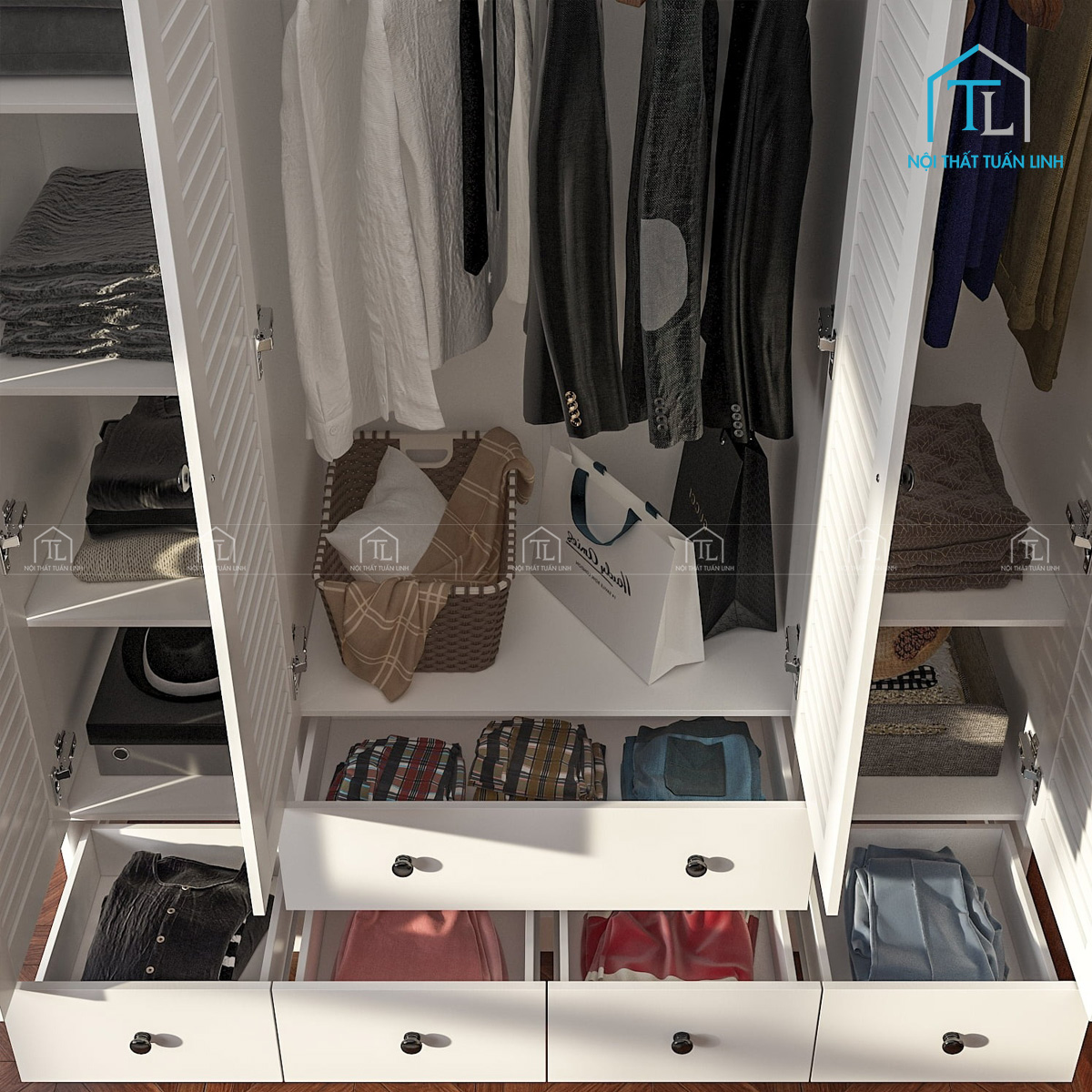 Tủ quần áo gỗ MDF 4 cánh cửa lá sách màu trắng, tích hợp ngăn kệ & ngăn kéo tiện lợi
