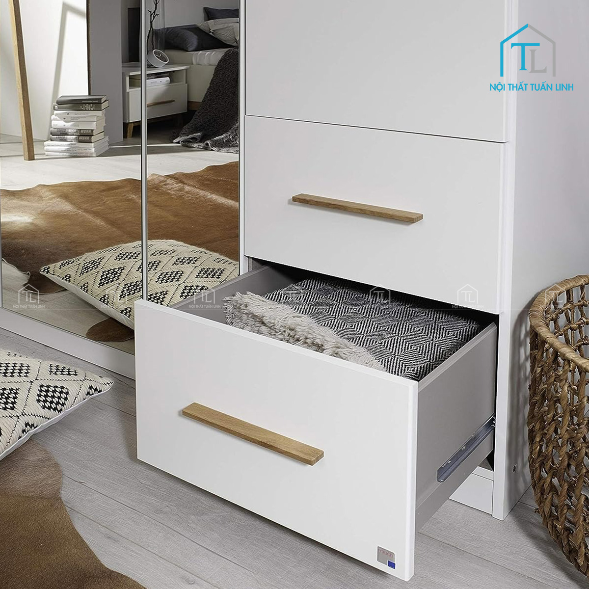 Tủ quần áo gỗ công nghiệp 6 cánh mở 4 ngăn kéo phối trắng sồi hiện đại
