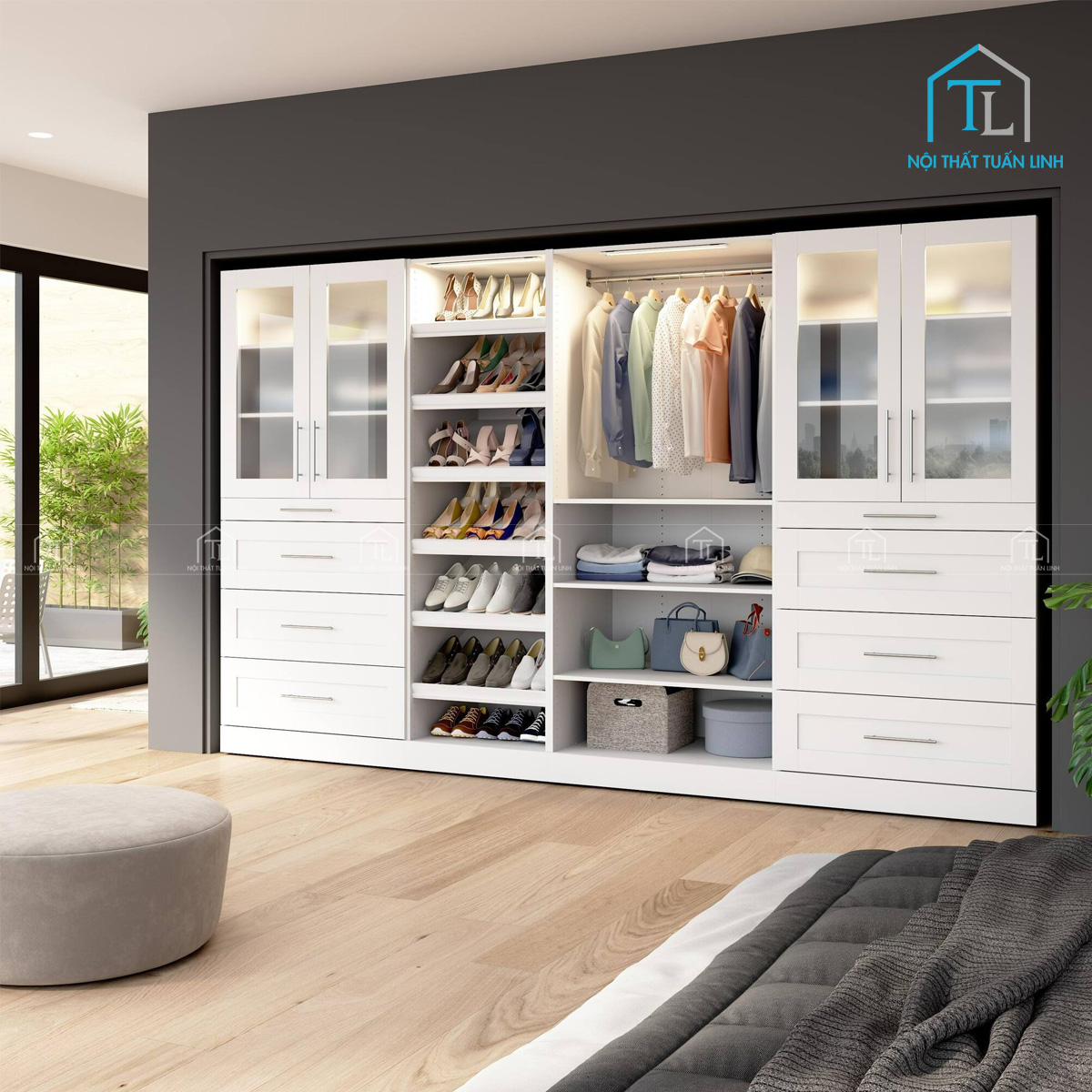 Tủ quần áo gỗ công nghiệp cánh kính mờ tích hợp đèn LED
