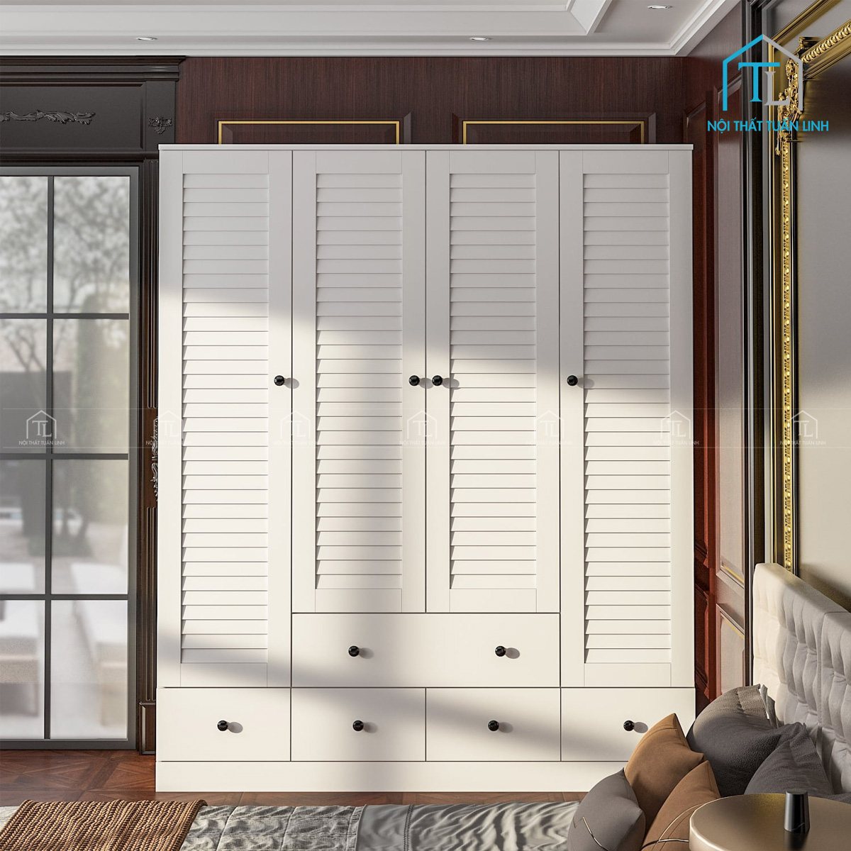Tủ quần áo gỗ MDF 4 cánh cửa lá sách màu trắng, tích hợp ngăn kệ & ngăn kéo tiện lợi