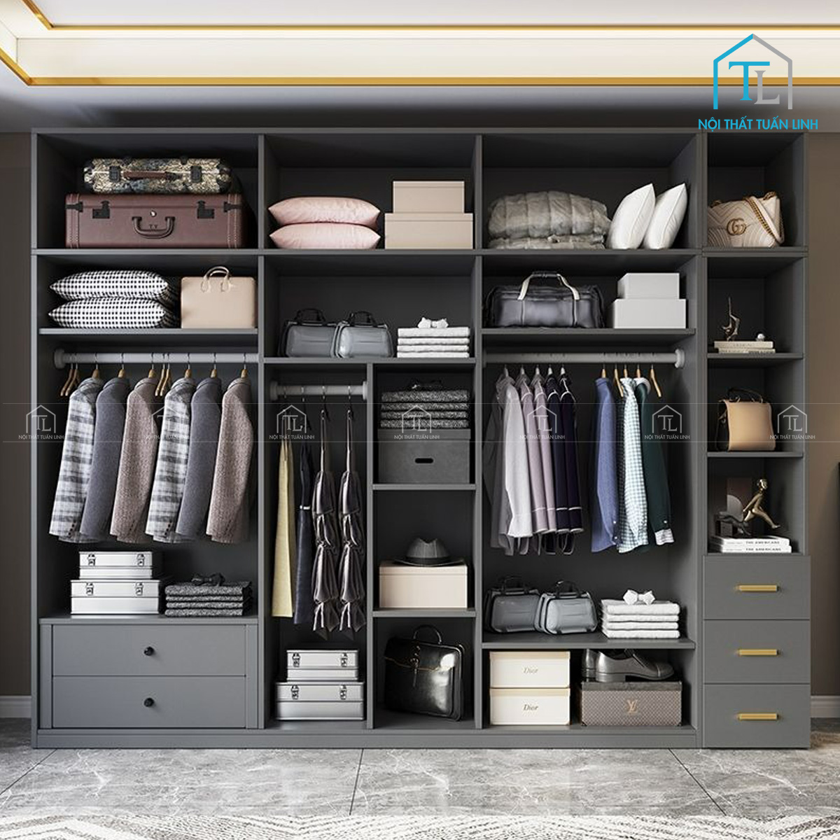 Tủ quần áo gỗ MDF cánh kính màu xám phong cách hiện đại