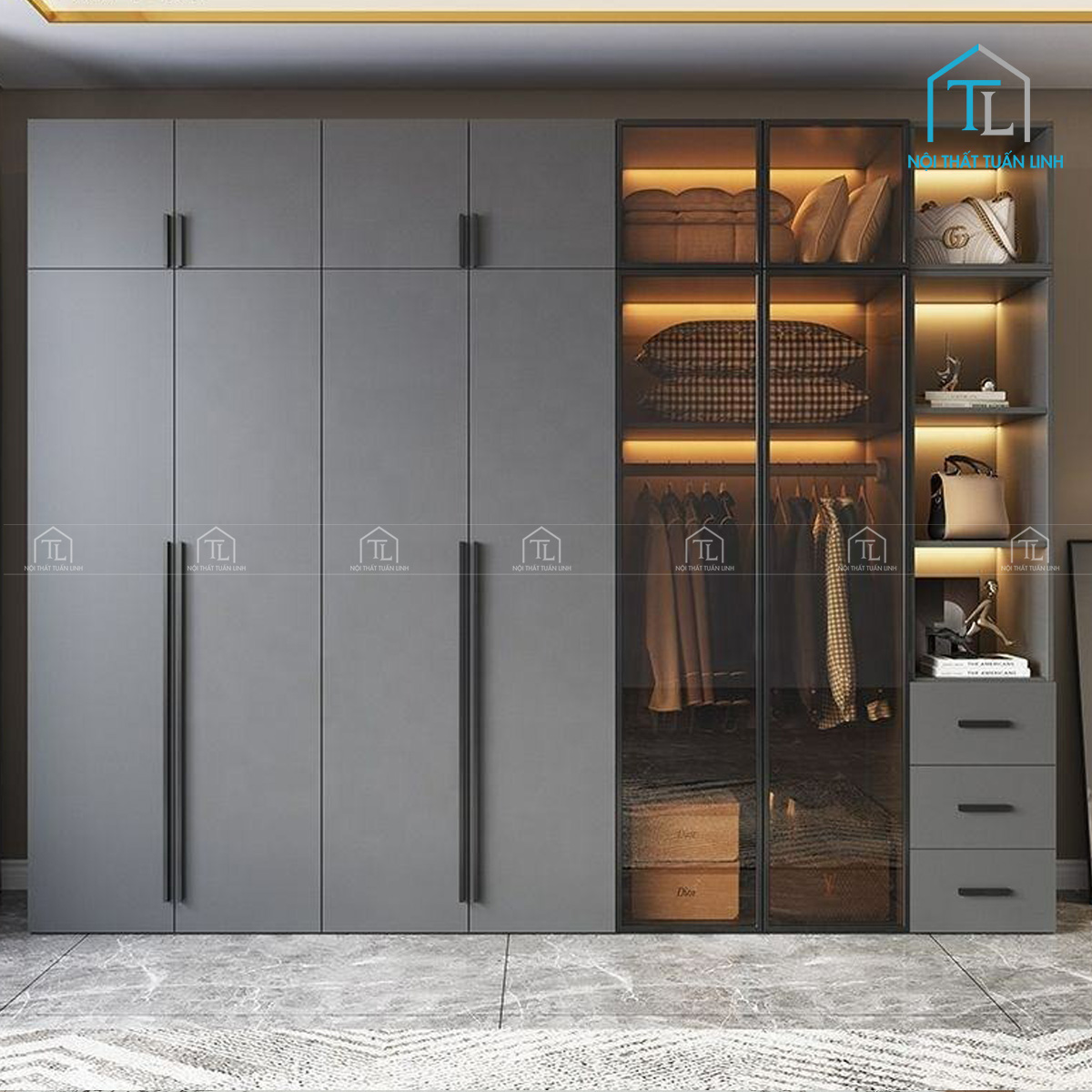 Tủ quần áo gỗ MDF cánh kính màu xám phong cách hiện đại