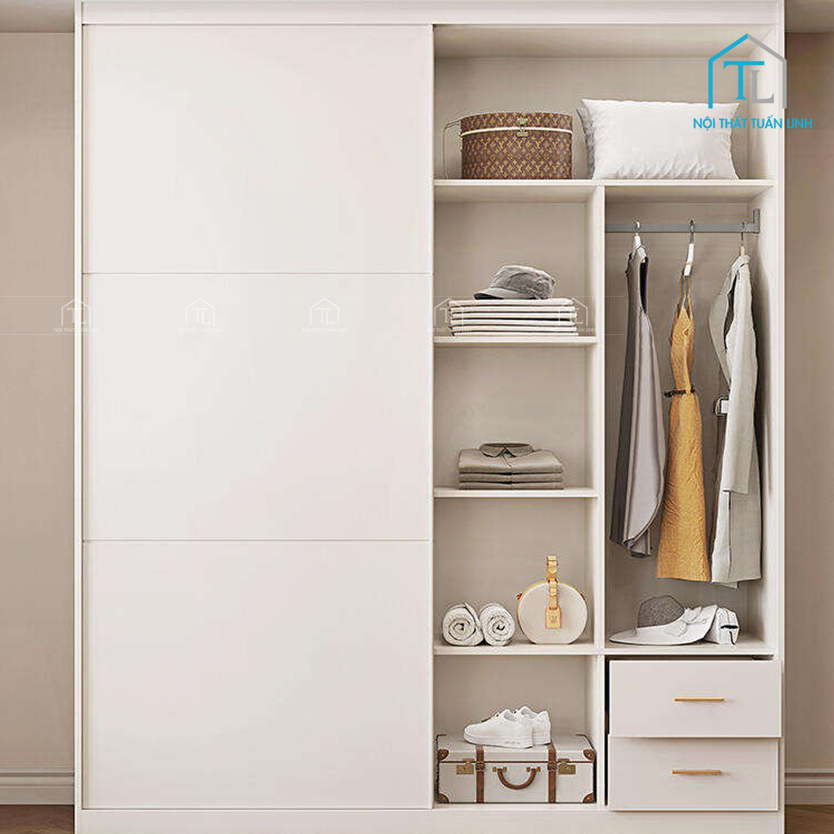 Tủ quần áo gỗ MDF cửa lùa hiện đại gam màu trắng