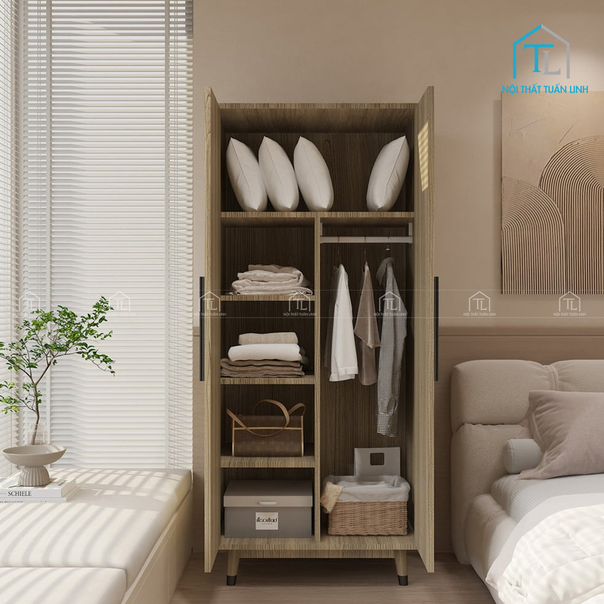 Tủ quần áo gỗ MDF màu vân gỗ tự nhiên 2 cánh thiết kế cao gọn