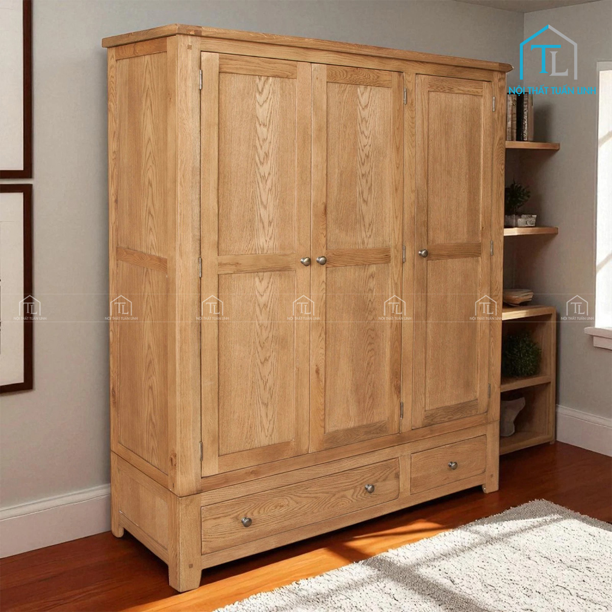 Tủ quần áo gỗ sồi tự nhiên 3 cánh 2 ngăn kéo